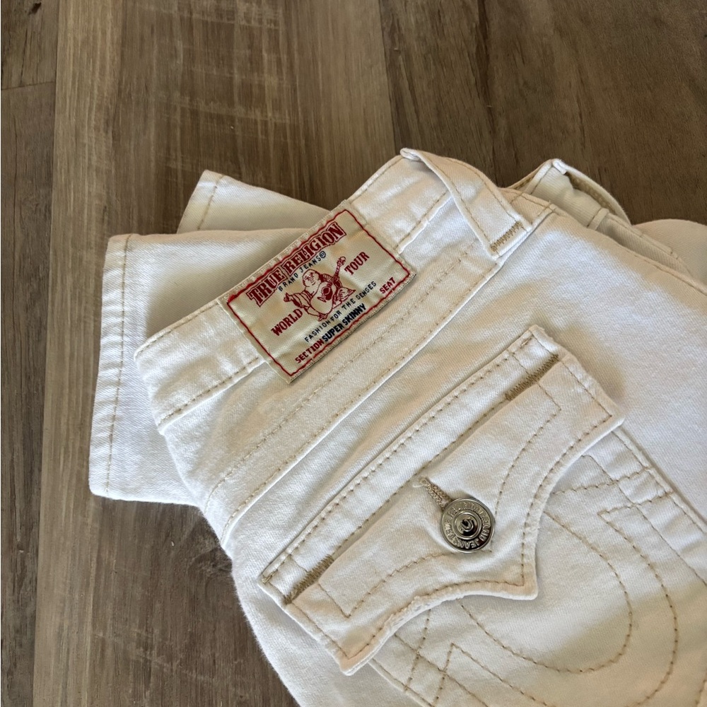 True Religion White Denim Jeans with Signature Pockets